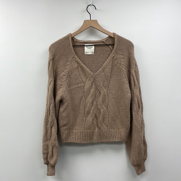 Abercrombie & Fitch Slouchy Cable Knit Puff Sleeve Sweater Preppy Tan Small - Picture 2 of 8